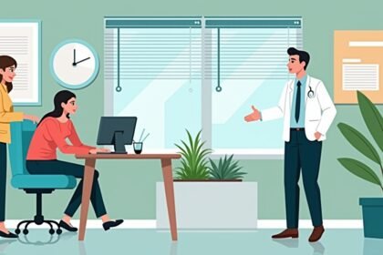 Két nő interakció egy egészségügyi irodában, számítógép előtt.