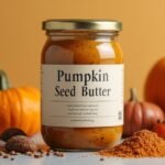 Tökmagkrém üvegben, körülötte tökök és fűszerek