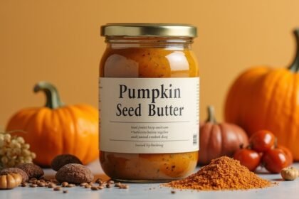 Tökmagkrém üvegben, körülötte tökök és fűszerek