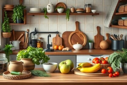 Friss zöldségek és gyümölcsök a konyhai munkafelületen