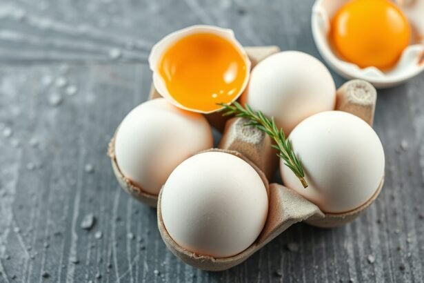 Friss tojások egy kartondobozban, köztük egy feltört tojás sárgájával.