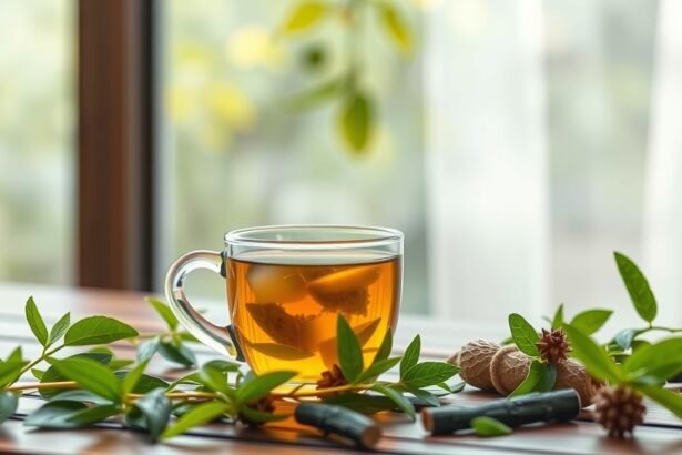 Epe tea in a glass cup surrounded by green leaves on a wooden table.