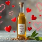 Szezámmagolaj üveg szív szimbólumokkal a háttérben.