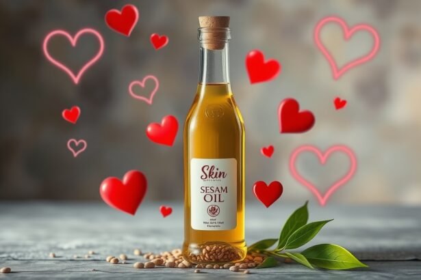 Szezámmagolaj üveg szív szimbólumokkal a háttérben.