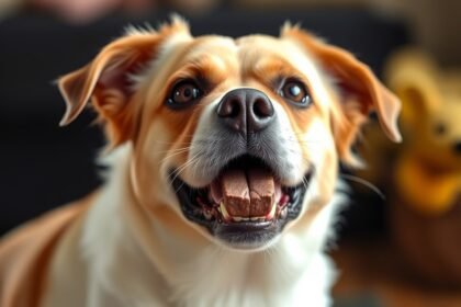 Kedves kutya boldogan tart egy falat csokit a szájában.