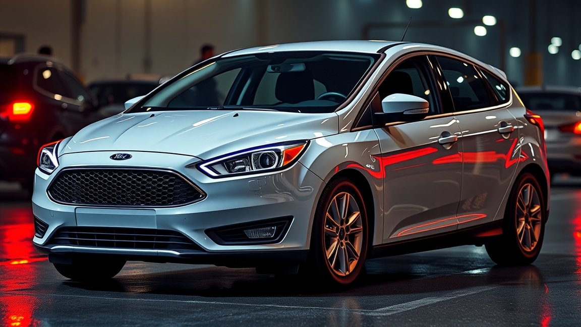 Ford Focus autó parkolóban, modern dizájn és fények