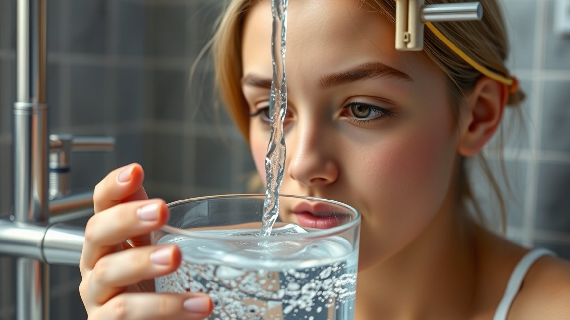 Fiatal nő víztisztító által tisztított vizet néz