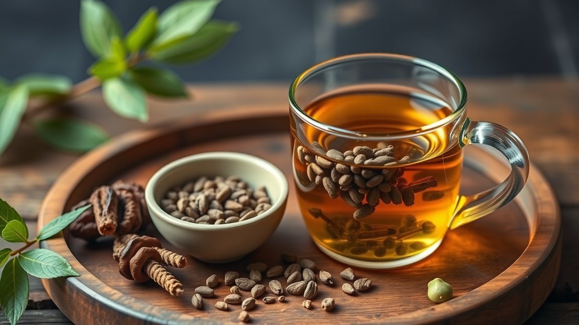 Galaj tea with seeds on a wooden tray, highlighting its health benefits.