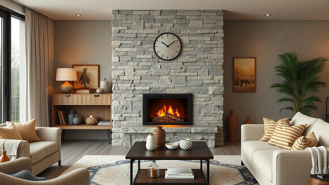 Modern gázkandalló egy otthonos nappaliban, kőből készült fal előtt.