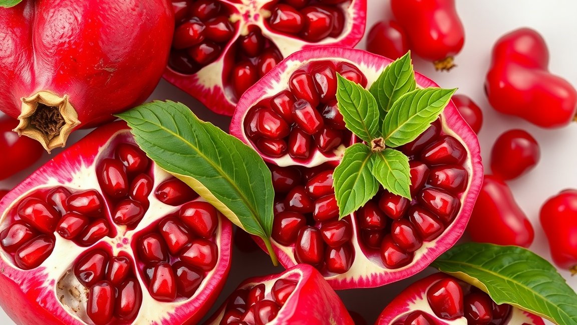 Friss gránátalma magok és levelek egy asztalon.