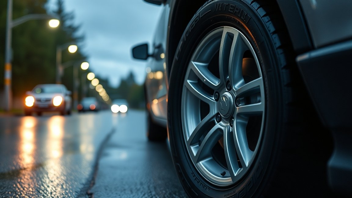 Autó gumi és kerék az úton, guminyomás-érzékelők szerepe a közlekedésben