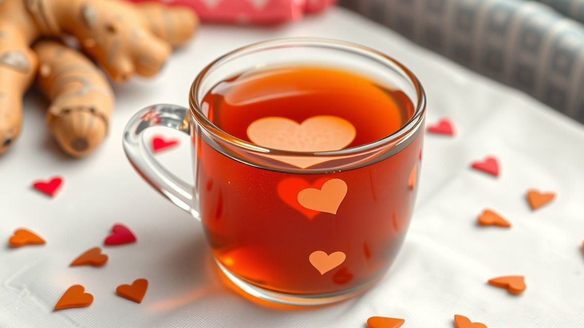 Gyömbértea szív alakú díszekkel, egészséges életmódhoz