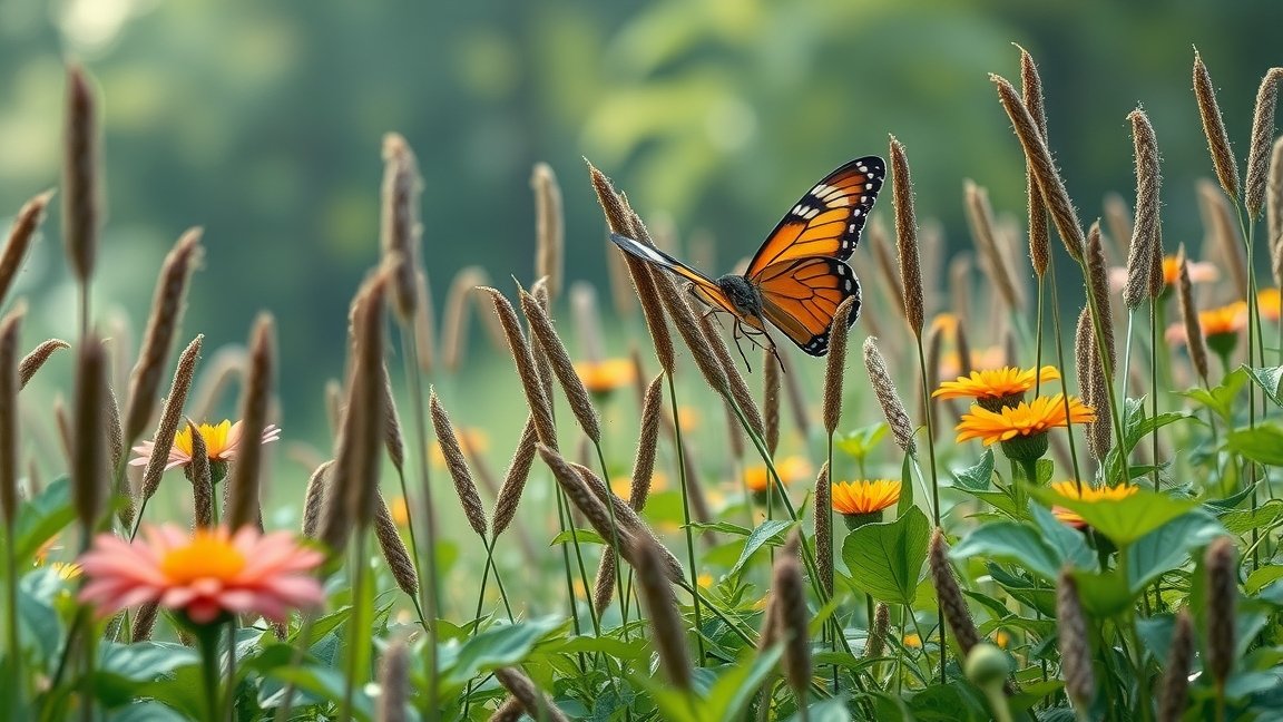 Színes pillangó virágok között, amelyek a környezet védelmét jelképezik.