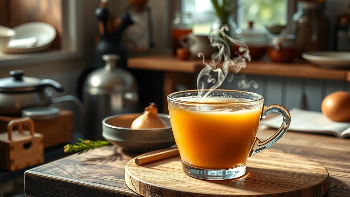 Gőzölgő hagyma tea egy pohárban, természetes gyógymód megfázásra