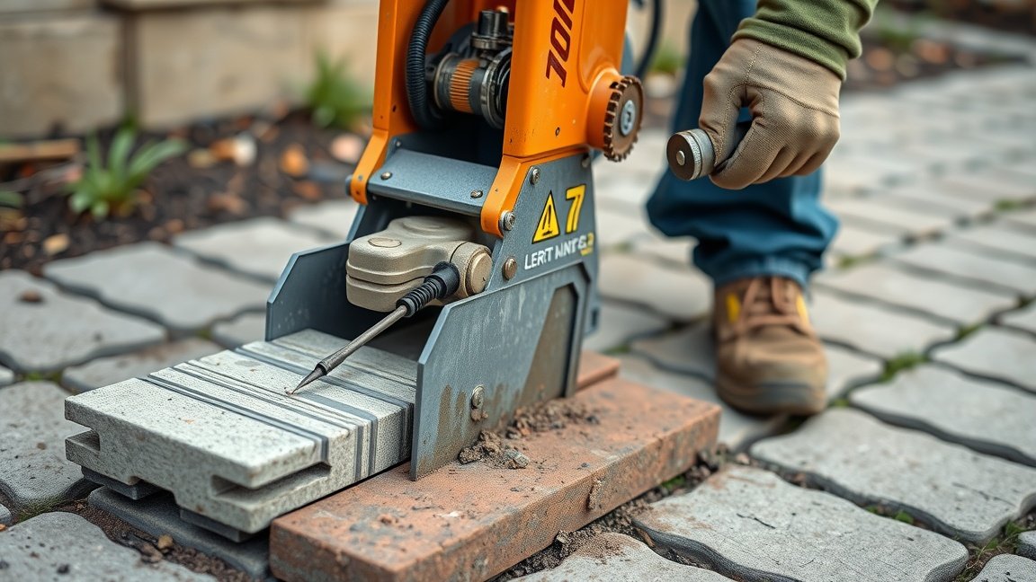 Térkő roppantási folyamat építőipari géppel.