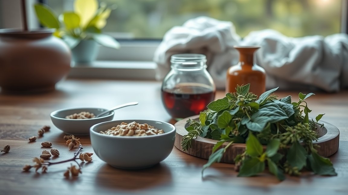 Friss gyógynövények és egészséges ételek egy asztalon