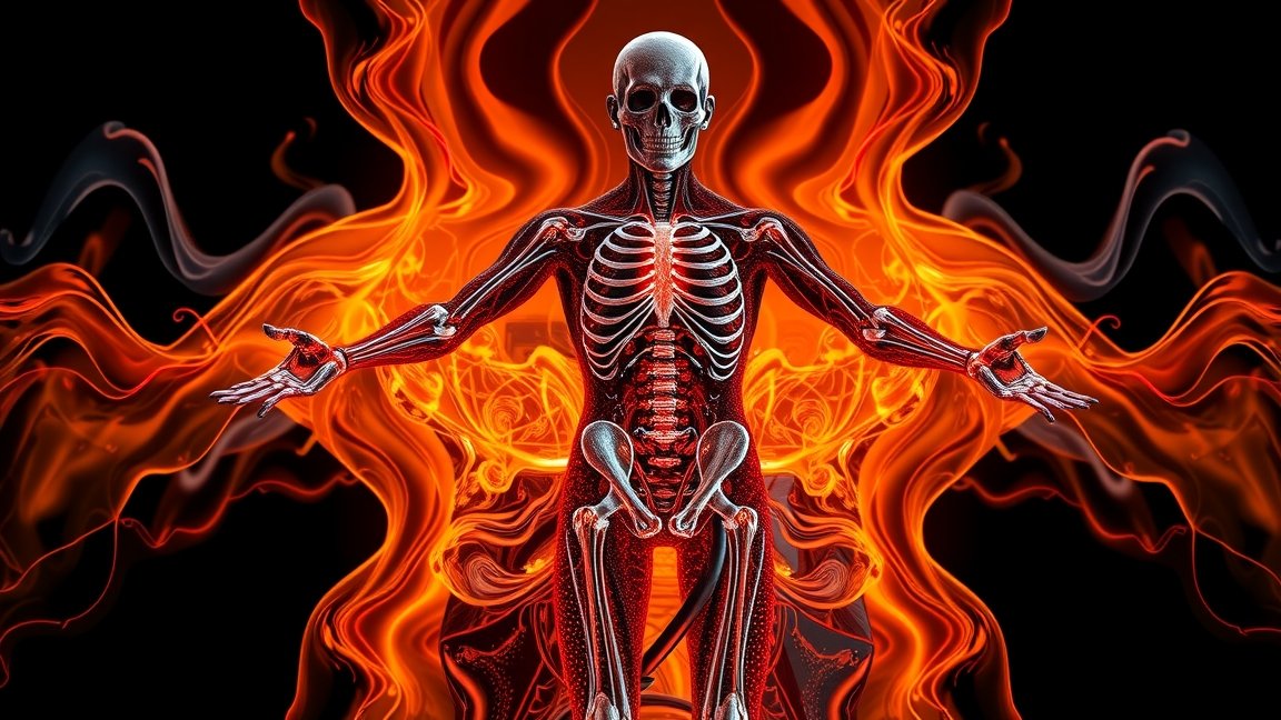 Emberi szervrendszer vázlatosan látható tűz hátterében