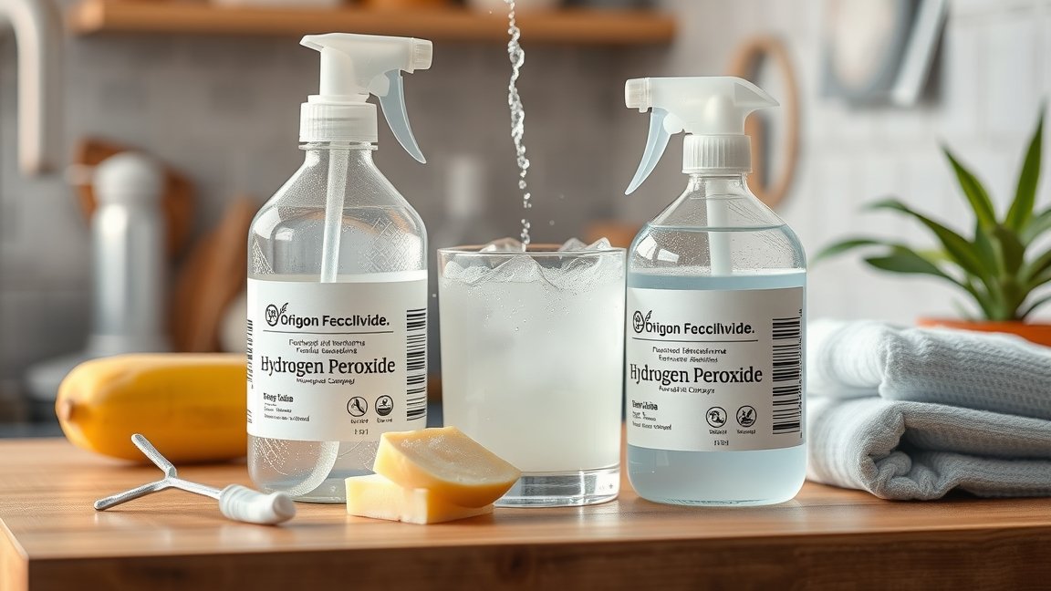 Hidrogén-peroxid palackok egy tisztítóasztalon, mellettük egy pohár