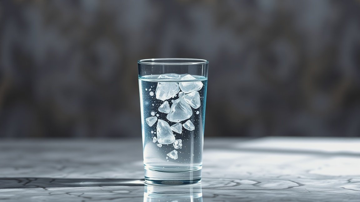 Hidrogénnel dúsított víz jégkockákkal egy pohárban.
