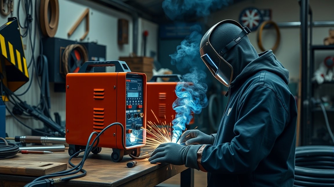 Inverteres CO hegesztő működés közben, modern műhely légkörben.