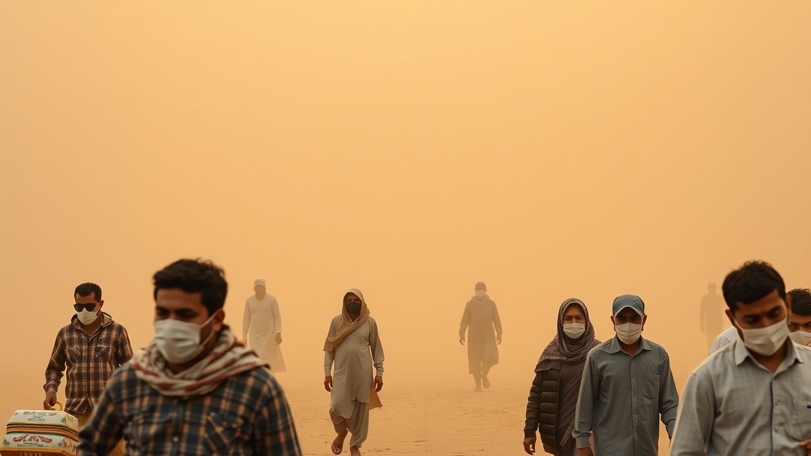 Emberek maszkban homokviharon keresztül Irakban.