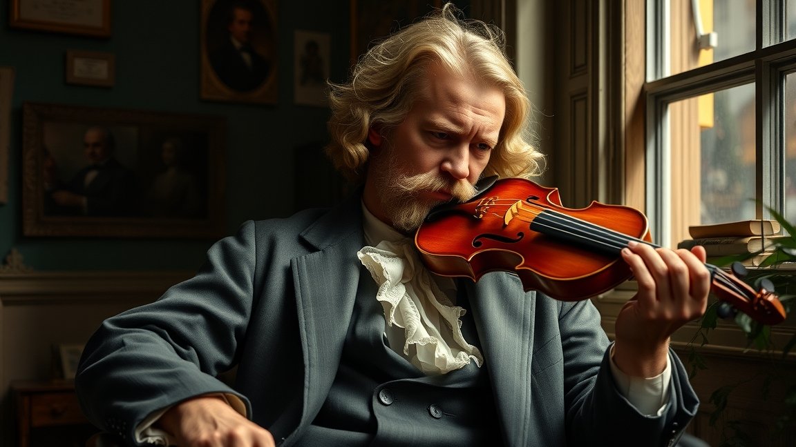 Johannes Brahms stílusában hegedülő zenész klasszikus környezetben.