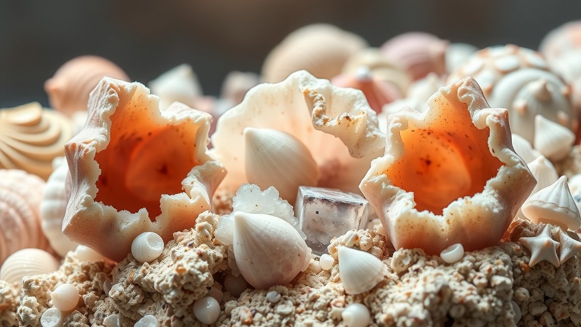 Kagylóásvány és különböző kagylók közelről, természetes környezetben