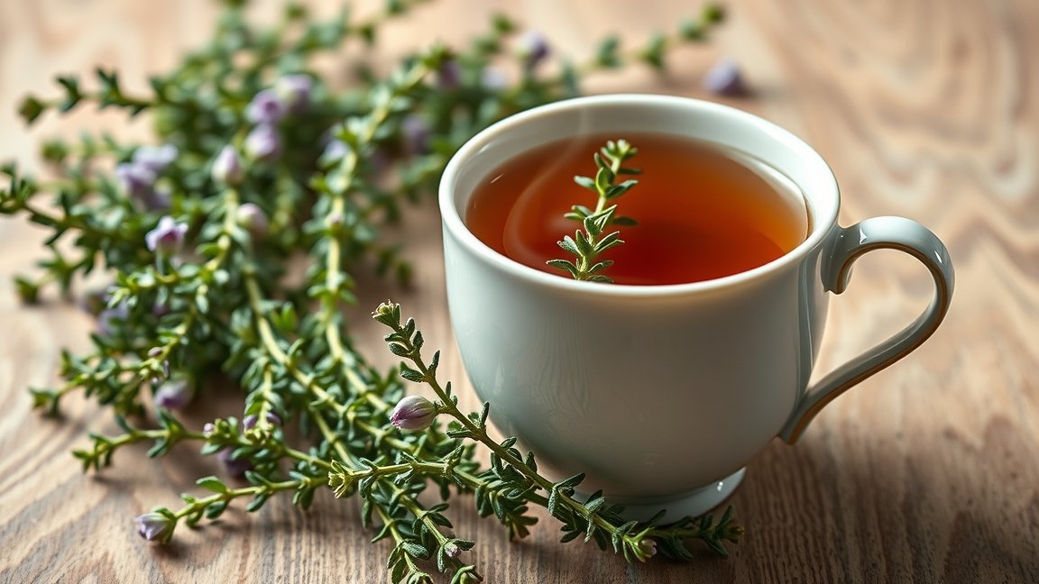 Friss kakukkfű tea egy fehér csészében, gyógynövényekkel körülvéve.