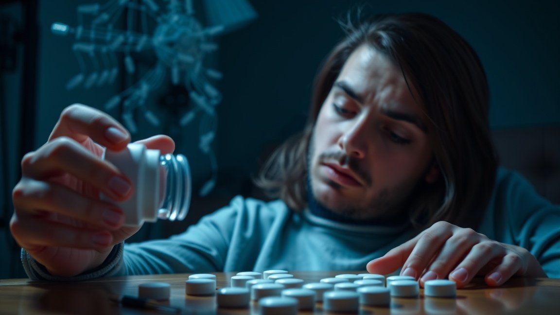 Fiatal férfi Kamagra tablettát néz, figyelmesen kezelve.