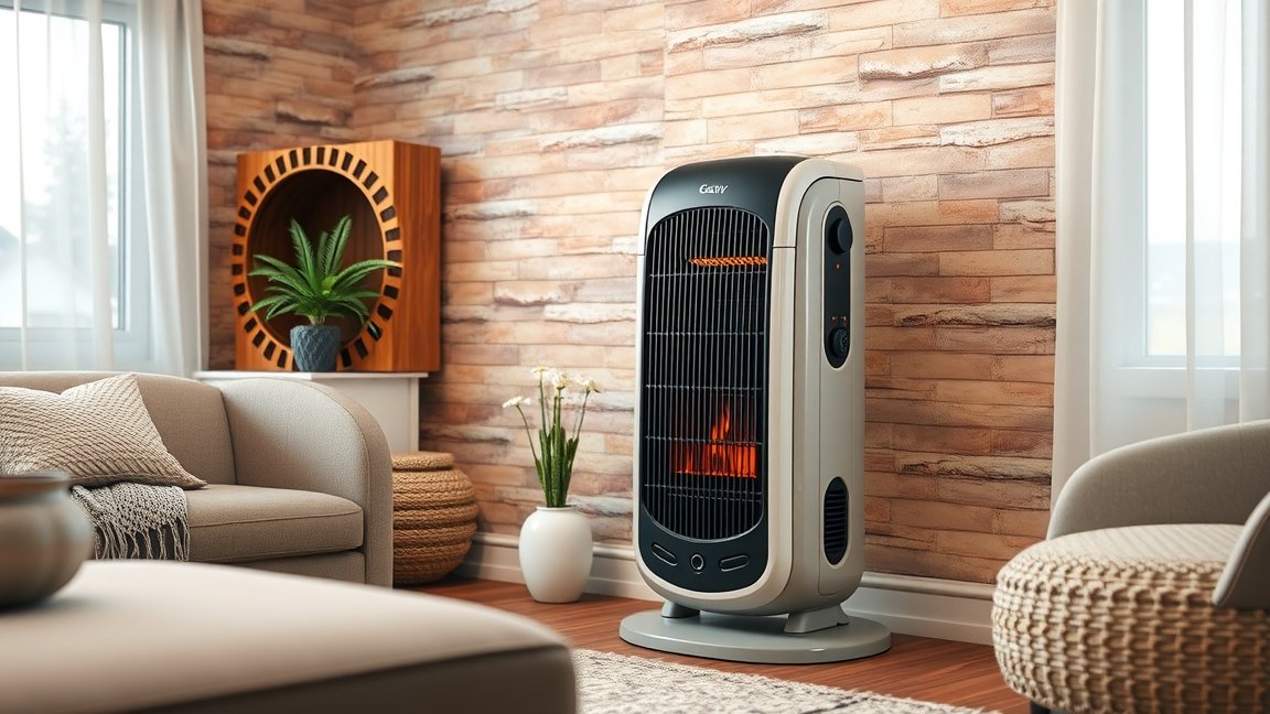 Modern kerámia hősugárzó otthon, energiatakarékos és kényelmes fűtési megoldás.