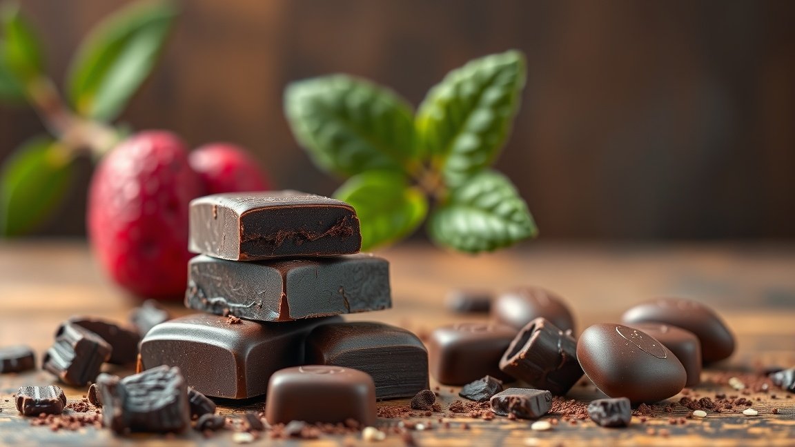 Keserű csokoládé antioxidánsokkal és friss növényekkel az egészségért.