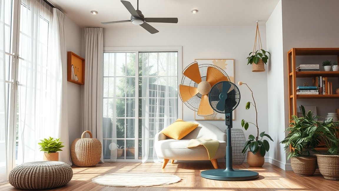 Modern szoba klímával és ventilátorral, kényelmes hűtést biztosítva.