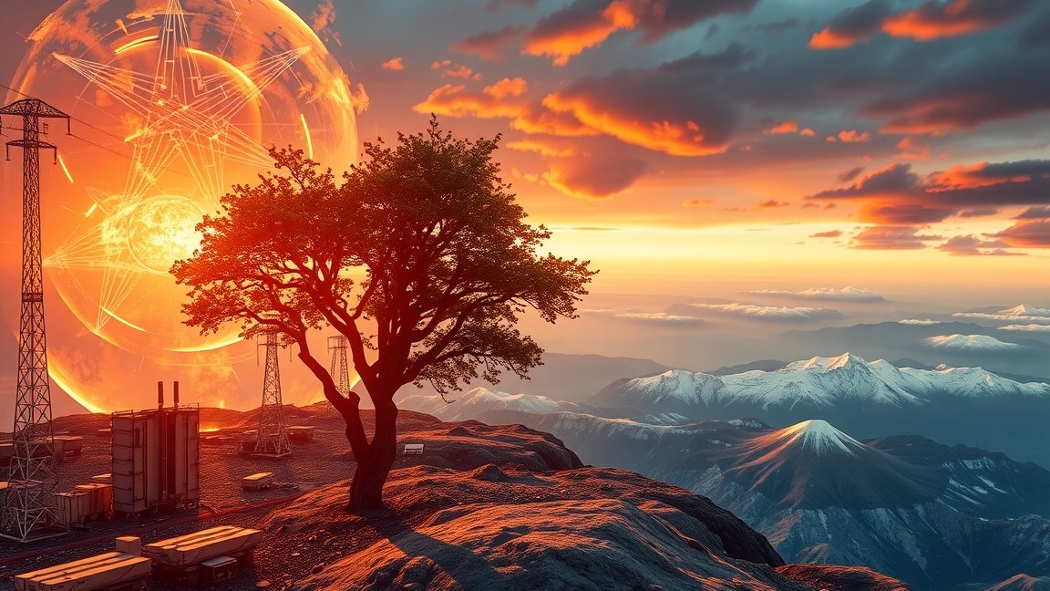 Naplemente egy fával és energiaforrásokkal, a klímaváltozás kontextusában