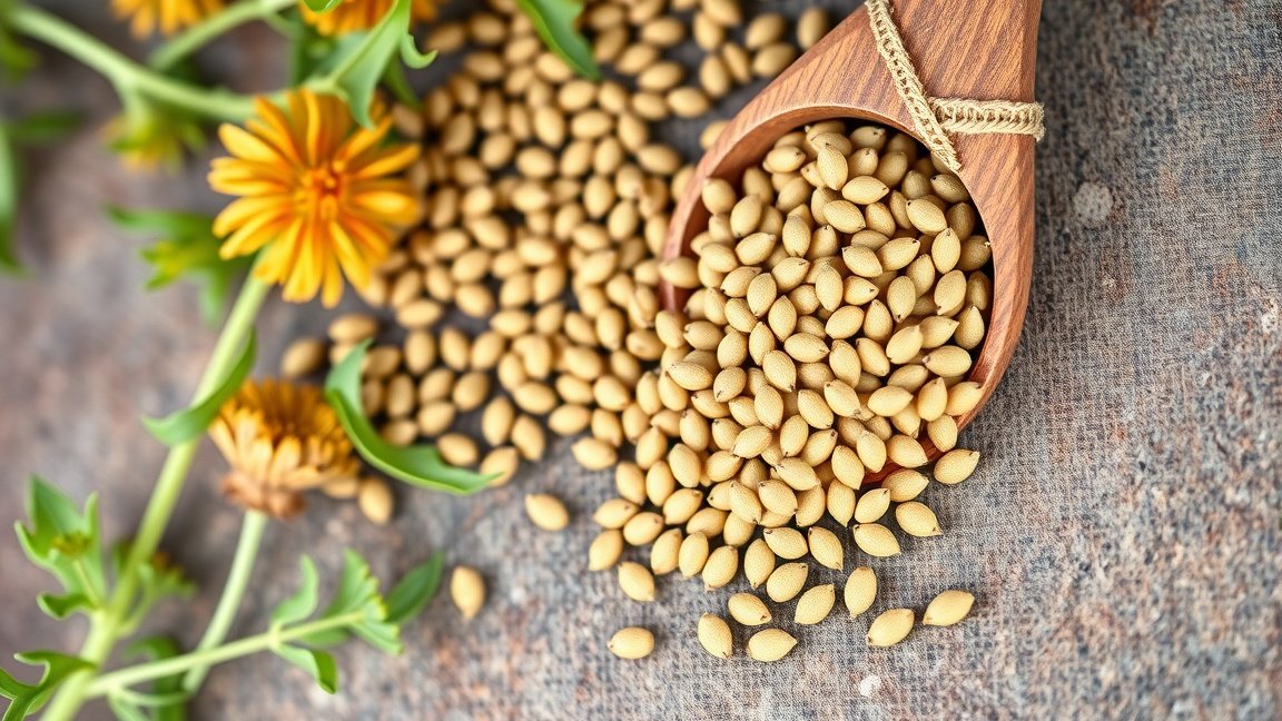 Kömény magok fakanálban és virágokkal díszítve.