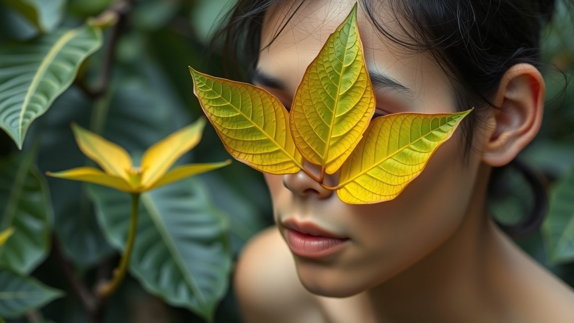 Nő kratom levelekkel az arcán, természetes környezetben