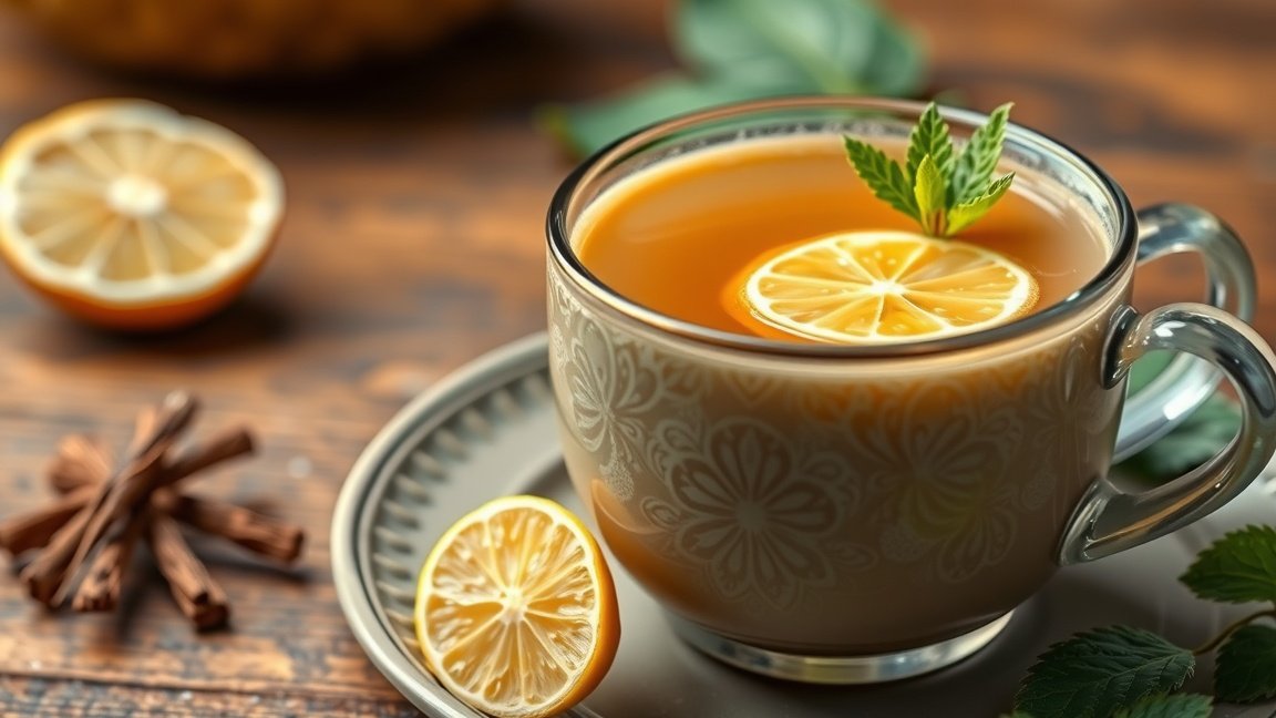 Lapacho tea with lemon slice and mint leaves in a cup