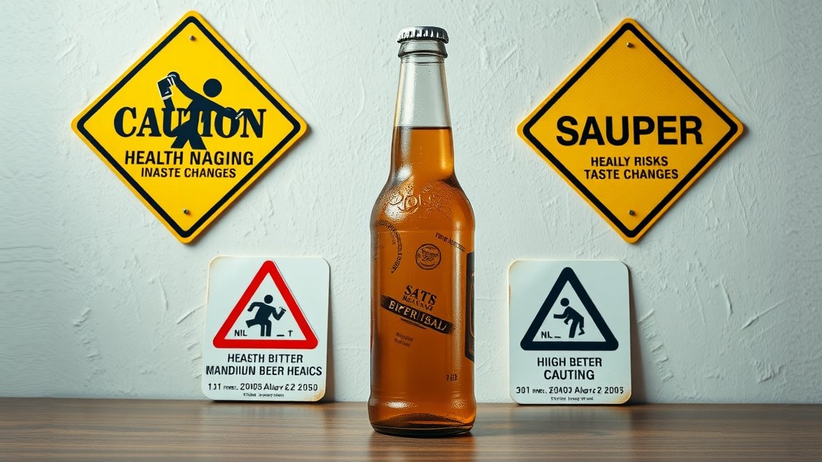 Lejárt sörpalack és figyelmeztető táblák az egészségügyi kockázatokról.