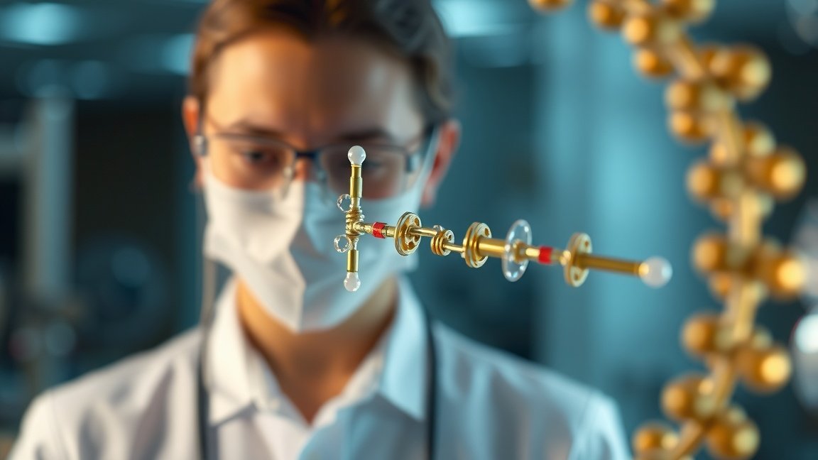 Laboratóriumi munka ligandokkal, kutató maszkban és köpenyben.
