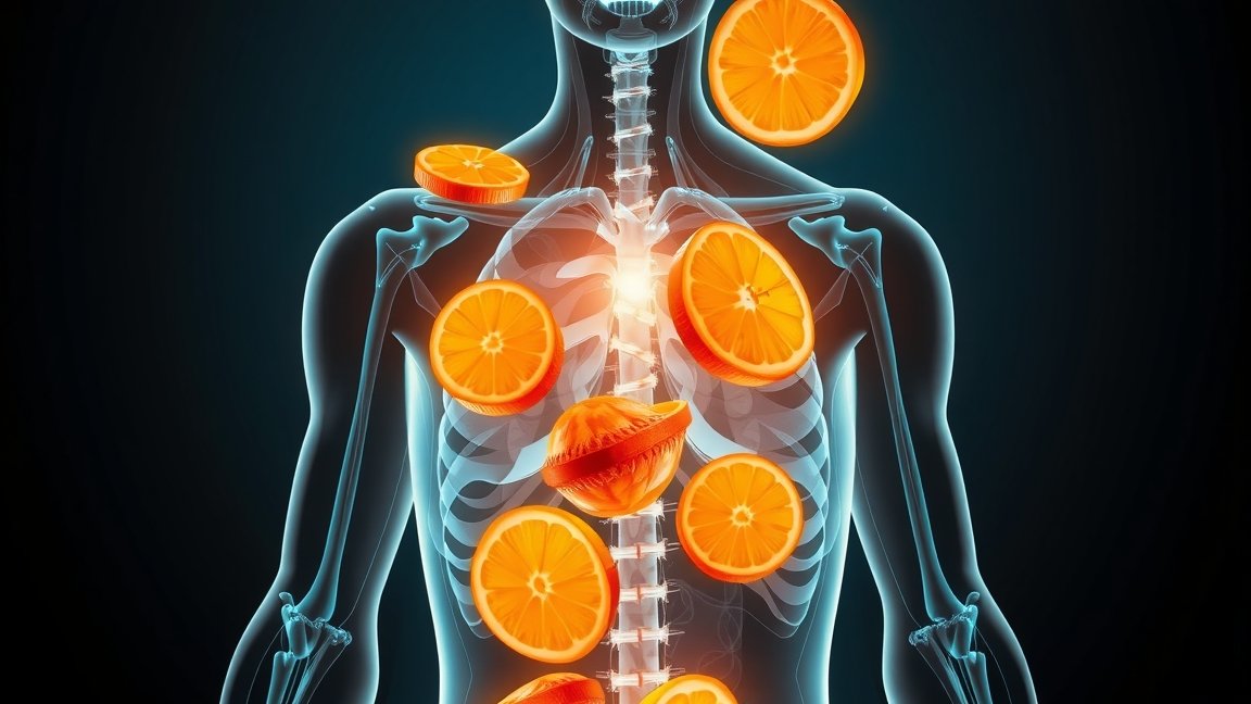A lizin és C-vitamin előnyeit szemléltető ábra, narancsokkal a testben.