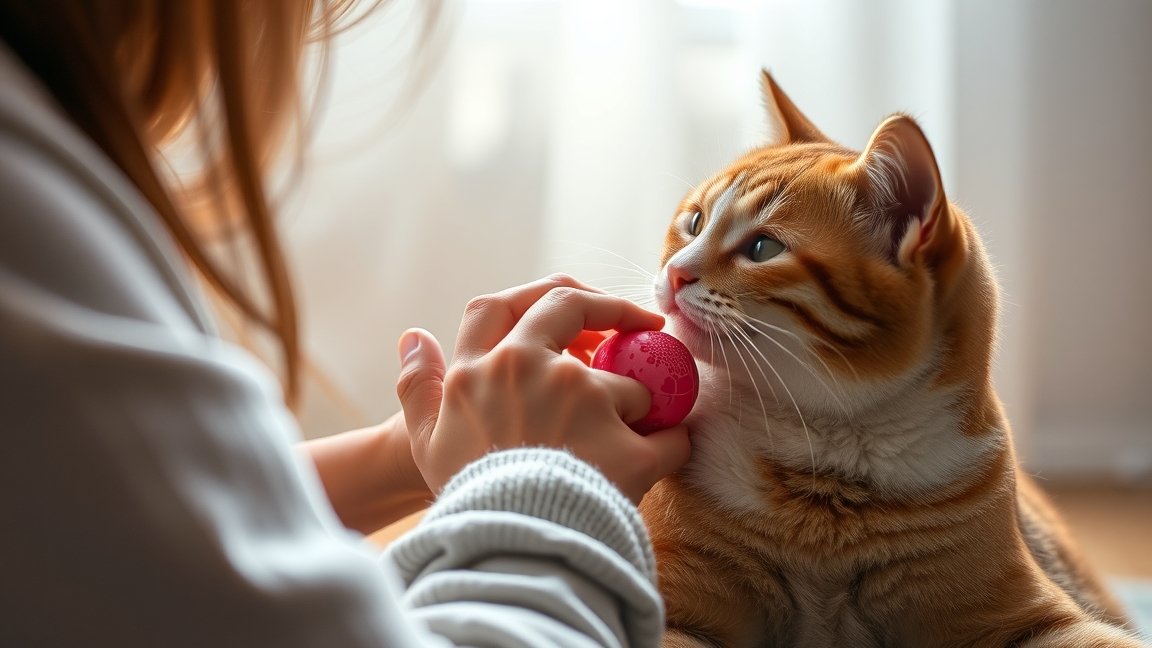 Egy macska játék közben az emberi kéz közelében, amely egy piros labdát tart.
