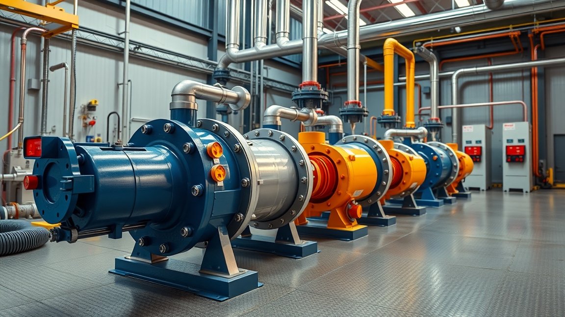 Membránszivattyúk ipari környezetben, különböző színekben és méretekben.