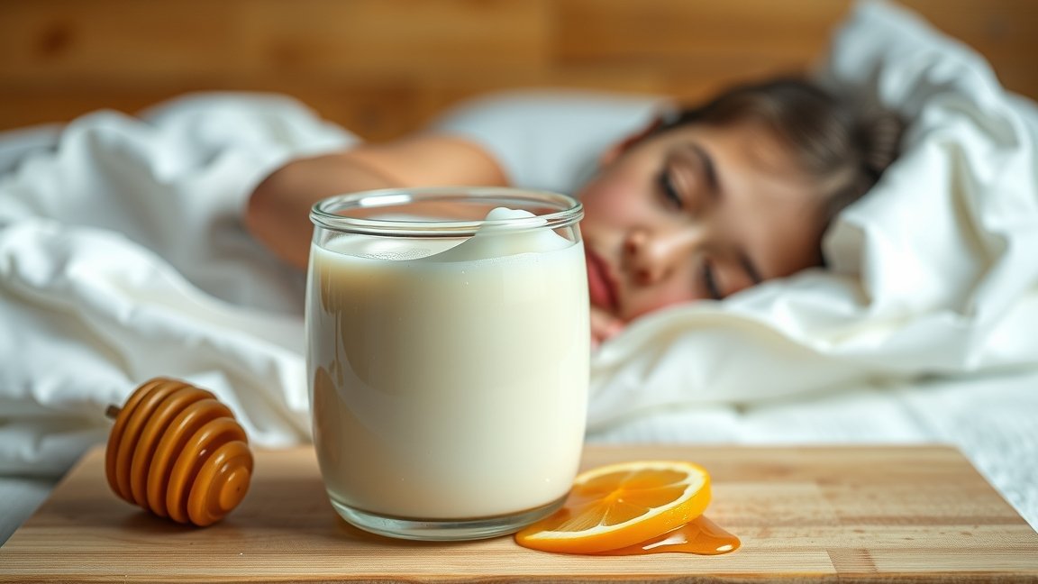 Mézes tej pohár, citromszelet és méz a nyugodt alvás érdekében.