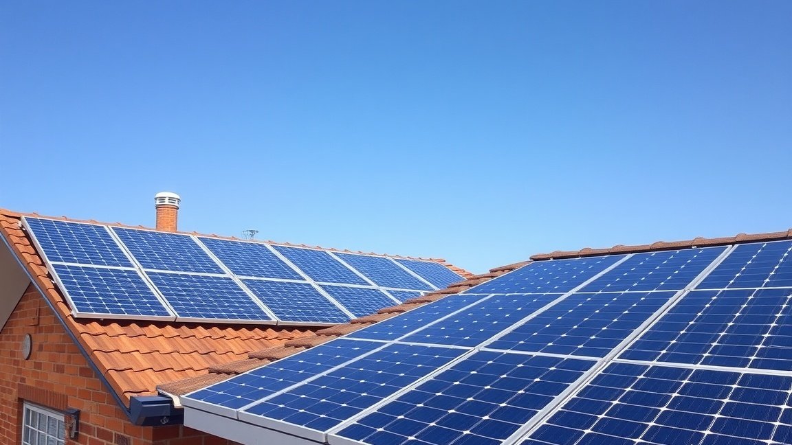 Napelemek egy otthon tetején, a világos égen.