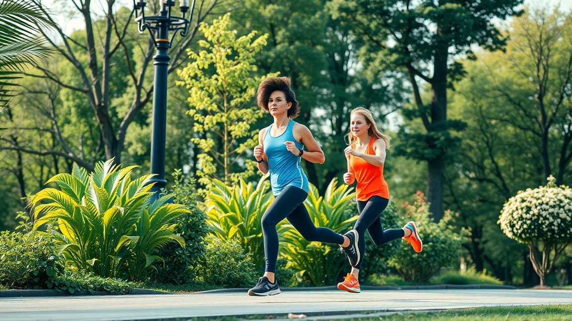 Két nő fut a parkban, egészséges életmódot képviselve.