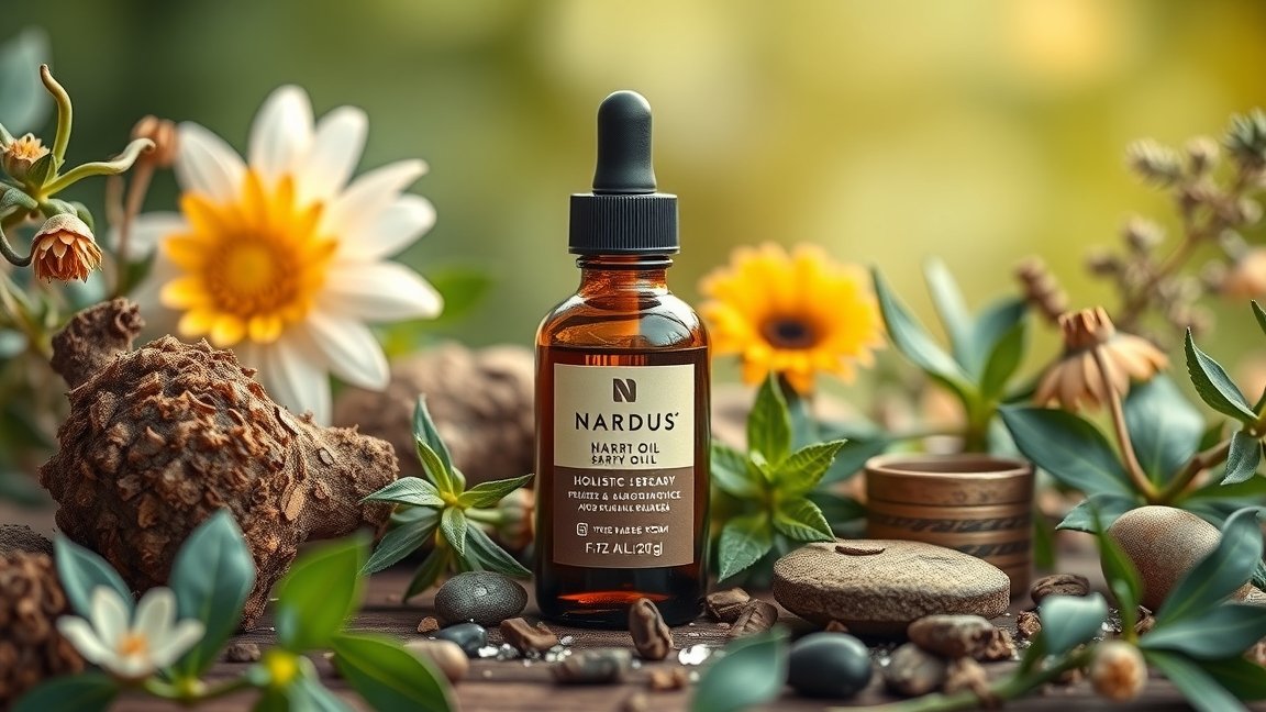 Nárdusolaj üvegcséje és természetes összetevői nyugalmat sugallnak.