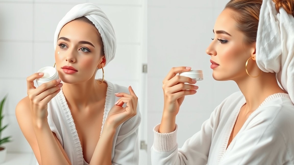 Fiatal nő krémet alkalmaz a bőrápolási rutin részeként.