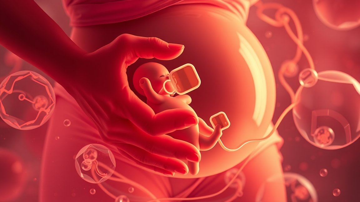 Terhes nő keze, amely mellet figyeli a magzatot.