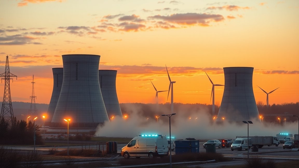 Nukleáris erőmű és szélturbinák naplementében
