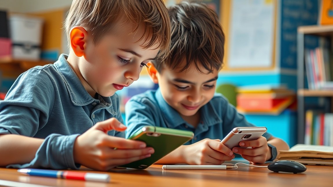 Két fiú okostelefonnal tanul egy asztalnál.