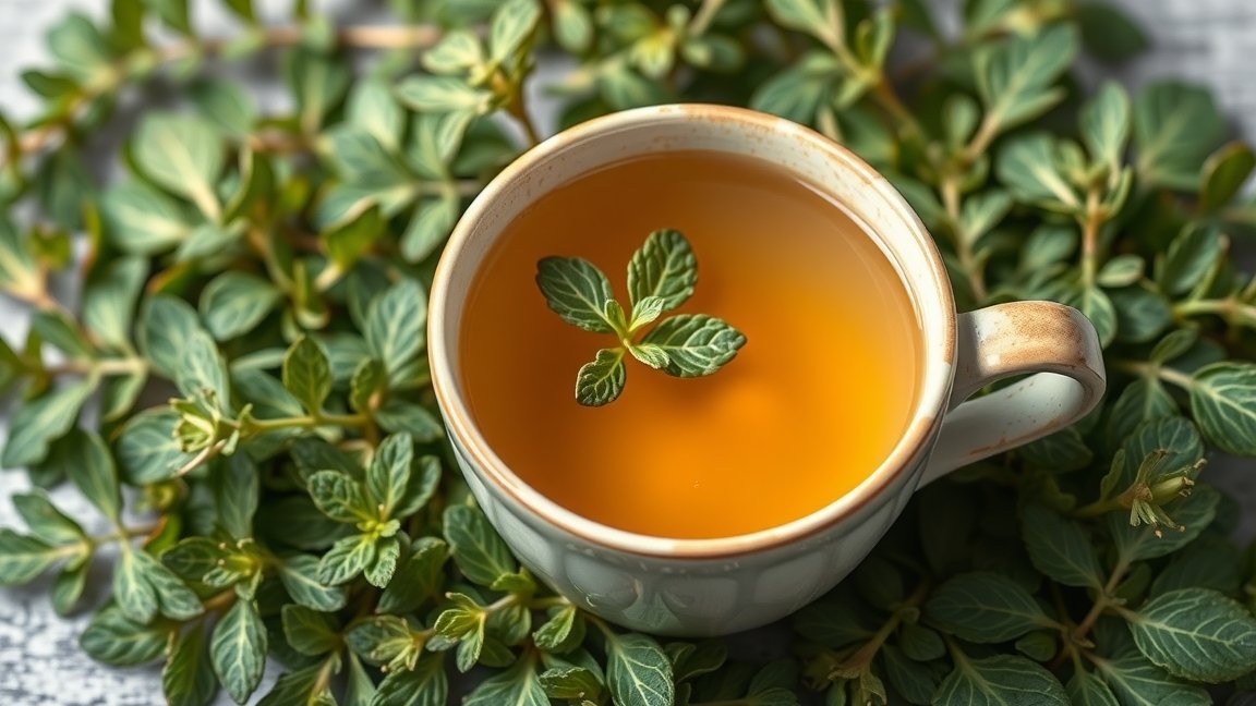 Friss oregánó tea bögre zöld oregánó levelekkel környezetben
